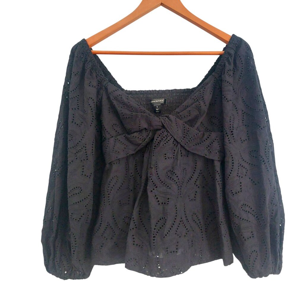 BANANA REPUBLIC Black Top S Sweetheart Neck 3/4 Sleeve Cotton Flirty EUC - Picture 2 of 13